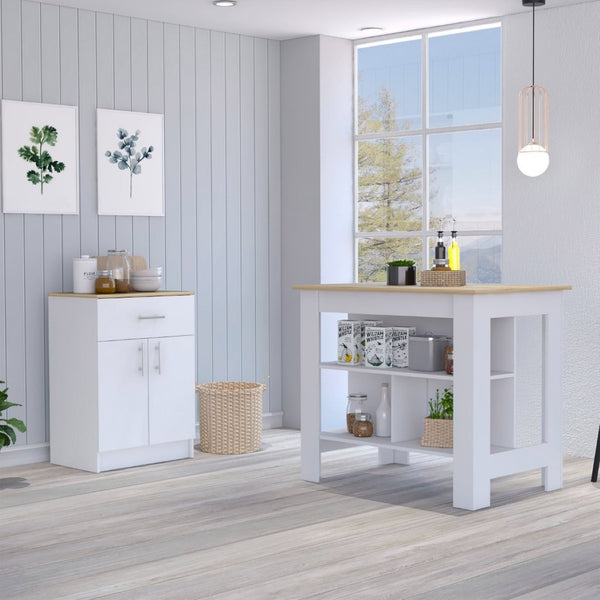 English Elm 2 Piece Kitchen Island and Pantry Cabinet Set in White Light Oak Transitional Style B097S00020