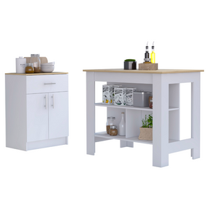 English Elm 2 Piece Kitchen Island and Pantry Cabinet Set in White Light Oak Transitional Style B097S00020