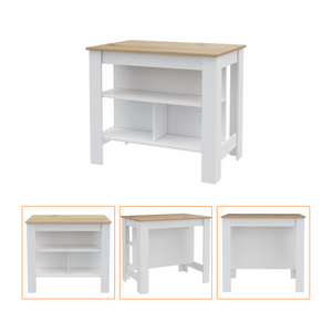 English Elm 2 Piece Kitchen Island and Pantry Cabinet Set in White Light Oak Transitional Style B097S00020