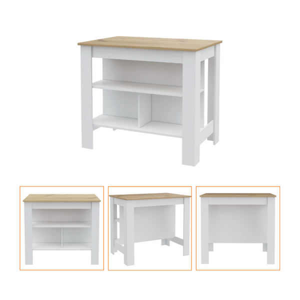 English Elm 2 Piece Kitchen Island and Pantry Cabinet Set in White Light Oak Transitional Style B097S00020