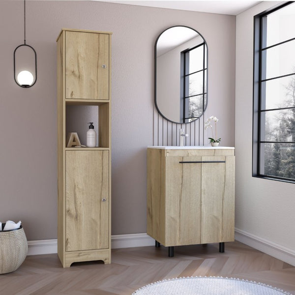 English Elm 2 Piece Light Oak Bathroom Set with Linen Tower and Freestanding Sink Cabinet B097S00025