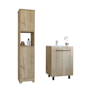 English Elm 2 Piece Light Oak Bathroom Set with Linen Tower and Freestanding Sink Cabinet B097S00025