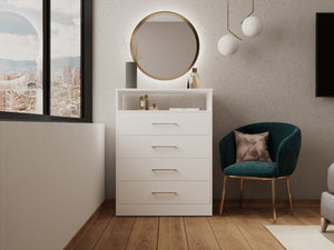 English Elm Kairo Four Drawer White Dresser with Open Shelf Melamine Finish Bedroom Storage B097S00274