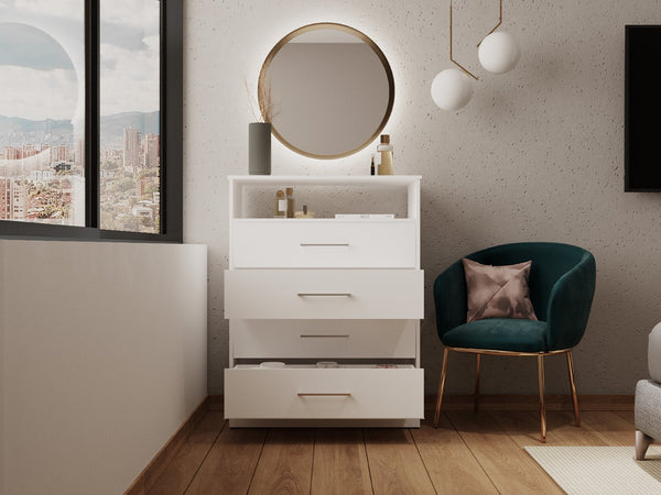 English Elm Kairo Four Drawer White Dresser with Open Shelf Melamine Finish Bedroom Storage B097S00274