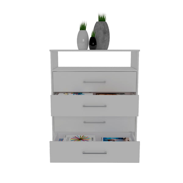 English Elm Kairo Four Drawer White Dresser with Open Shelf Melamine Finish Bedroom Storage B097S00274