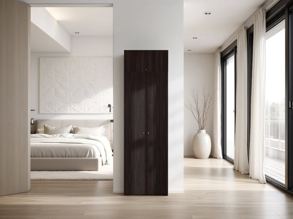 English Elm Closet System Two Piece Tall Wardrobe with Shelves and Enclosed Doors in Dark Walnut B097S00275
