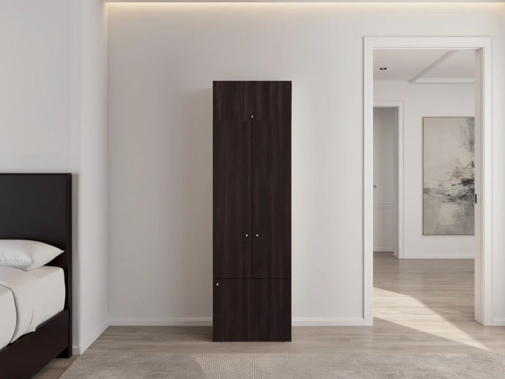 English Elm Closet Organizer Two Piece Tall Cabinet with Four Doors in Dark Walnut Finish B097S00276