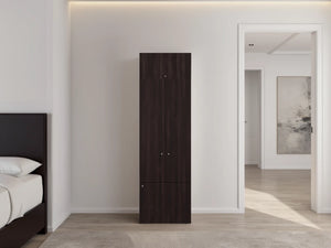 English Elm Closet Organizer Two Piece Tall Cabinet with Four Doors in Dark Walnut Finish B097S00276