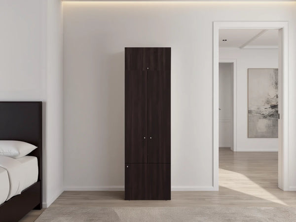 English Elm Closet Organizer Two Piece Tall Cabinet with Four Doors in Dark Walnut Finish B097S00276