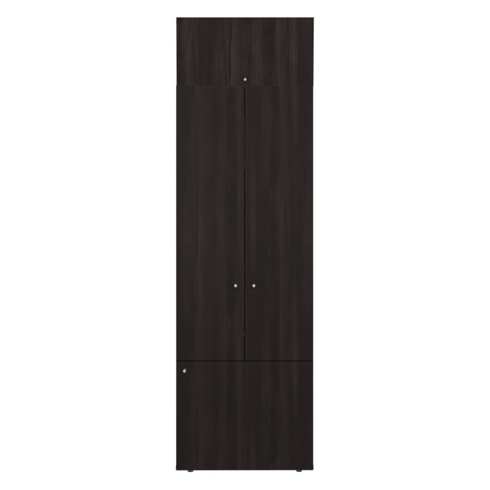 English Elm Closet Organizer Two Piece Tall Cabinet with Four Doors in Dark Walnut Finish B097S00276