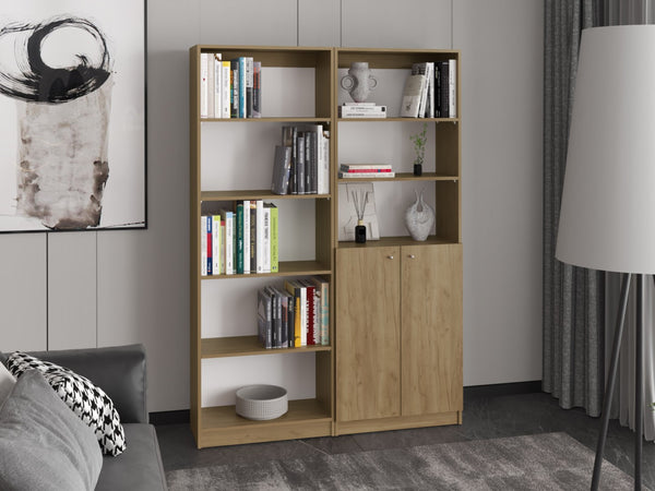 English Elm Bookcase Set Two Piece Slim Open Shelving with Cabinet Natural Oak Home Office B097S00282