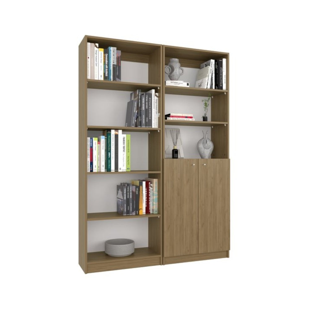 English Elm Bookcase Set Two Piece Slim Open Shelving with Cabinet Natural Oak Home Office B097S00282