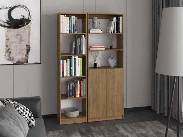 English Elm Bookcase Set 2 Piece Tall Natural Oak Open Shelving with Lower Cabinet Storage B097S00284