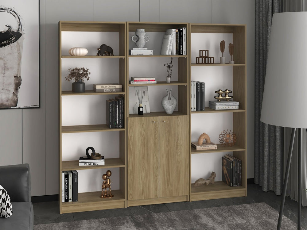 English Elm Bookcase Wall Unit 3 Piece Set with Open Shelves and Cabinet in Natural Oak Finish B097S00290