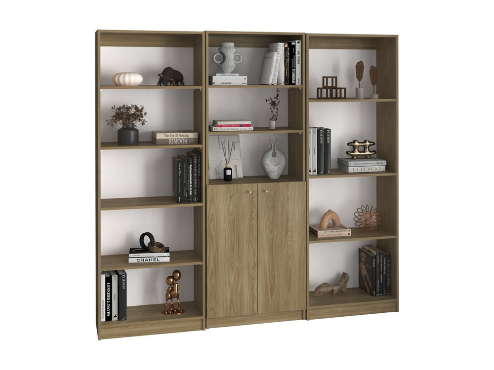 English Elm Bookcase Wall Unit 3 Piece Set with Open Shelves and Cabinet in Natural Oak Finish B097S00290
