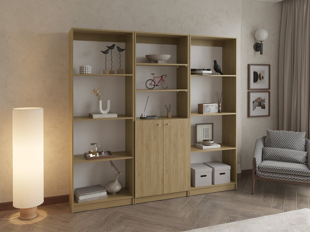 English Elm Bookcase and Cabinet Wall System 3 Piece Modular Oak Storage for Living Room B097S00291