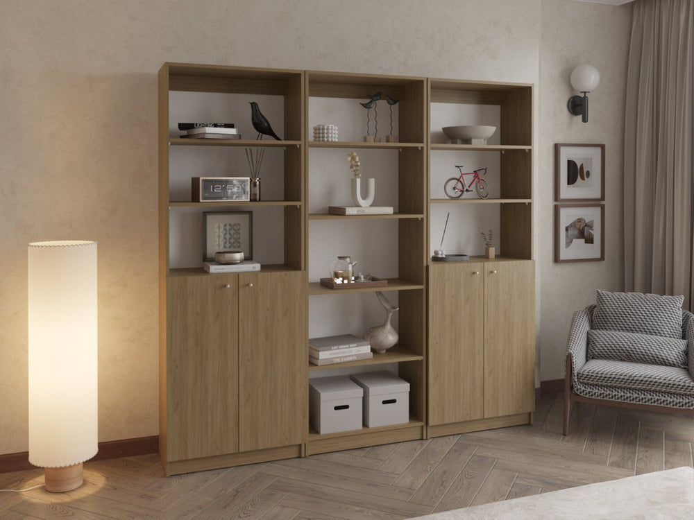 English Elm Bookcase 3 Piece Wall Unit with Cabinet Storage Open Shelving Natural Oak Finish B097S00293