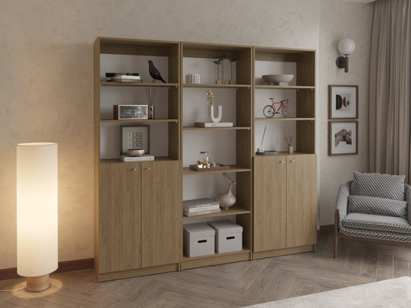English Elm Bookcase 3 Piece Wall Unit with Cabinet Storage Open Shelving Natural Oak Finish B097S00293