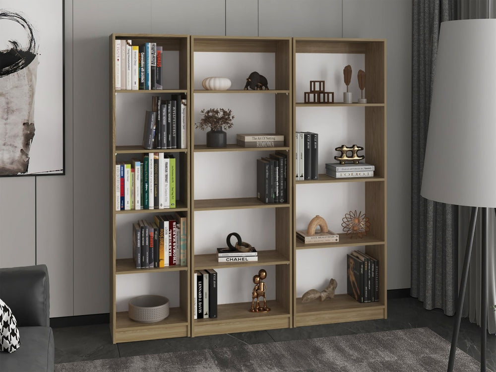English Elm Bookcase Set of Three Tall Open Shelf Units in Warm Natural Oak for Modern Interiors B097S00294