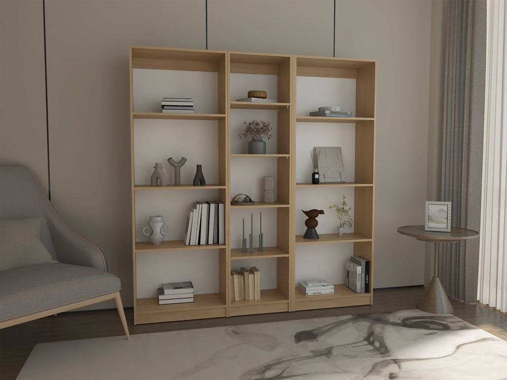 English Elm Bookcase Set Three Piece Tall Open Shelf Wall Unit in Natural Oak Scandinavian Style B097S00295