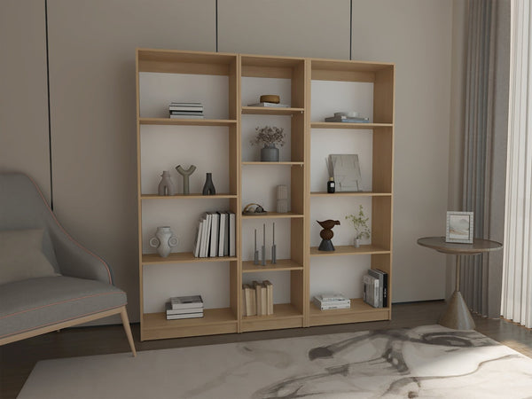 English Elm Bookcase Set Three Piece Tall Open Shelf Wall Unit in Natural Oak Scandinavian Style B097S00295