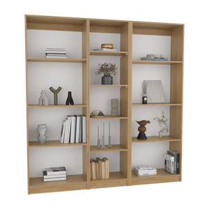 English Elm Bookcase Set Three Piece Tall Open Shelf Wall Unit in Natural Oak Scandinavian Style B097S00295