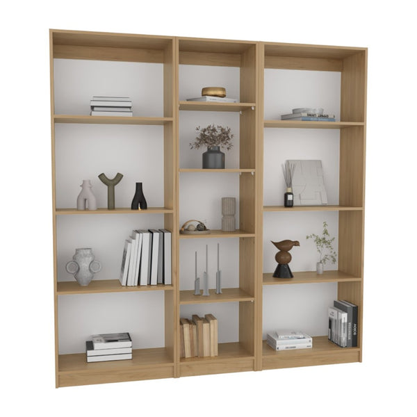 English Elm Bookcase Set Three Piece Tall Open Shelf Wall Unit in Natural Oak Scandinavian Style B097S00295