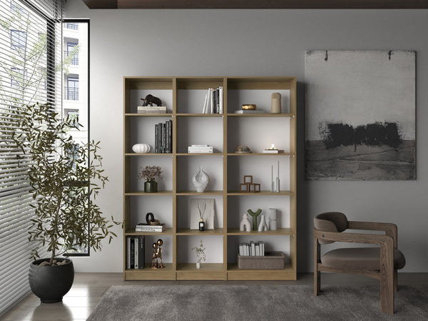 English Elm Bookcase Set of Three Modular Open Shelf Units in Natural Oak for Modern Living Rooms B097S00297