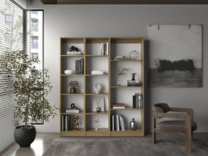 English Elm Bookcase Set Three Piece Modular Wall System Open Shelves Natural Oak Finish 71 In B097S00298