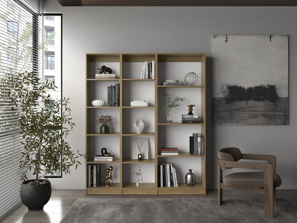 English Elm Bookcase Set Three Piece Modular Wall System Open Shelves Natural Oak Finish 71 In B097S00298