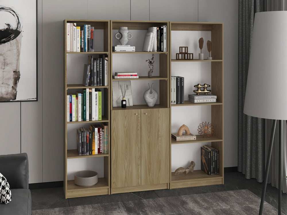 English Elm Bookcase Set 3 Piece 71 Inch Tall Natural Oak Modular Wall Unit with Cabinet Storage B097S00299