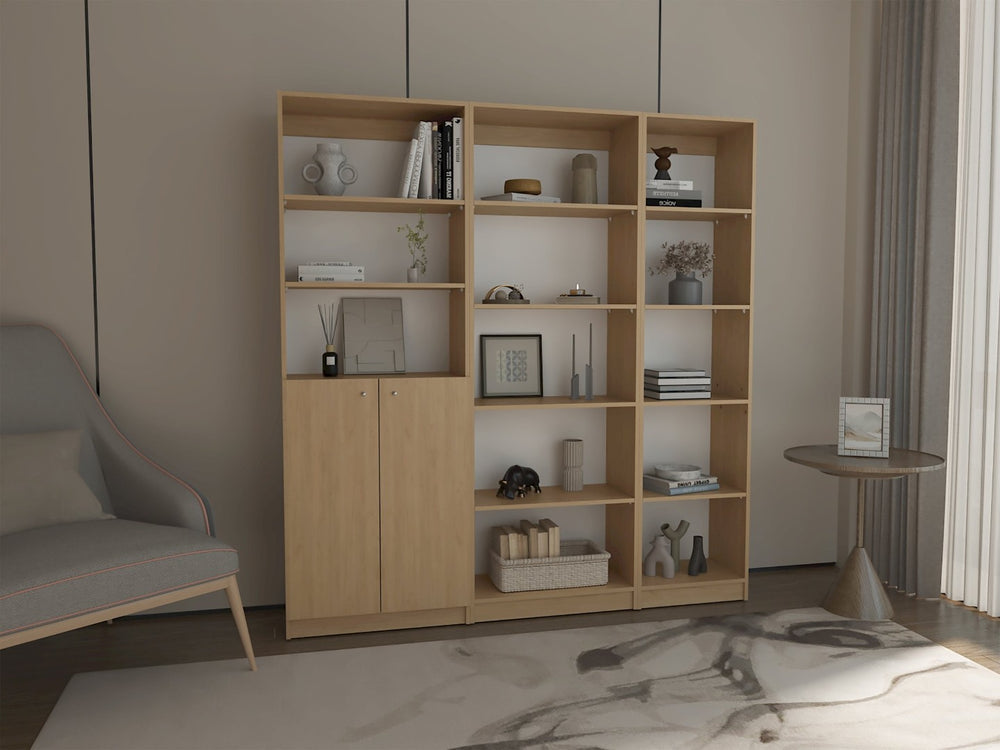English Elm Bookcase Set 3 Piece Tall Open Shelf and Cabinet Combo in Warm Natural Oak Finish B097S00300