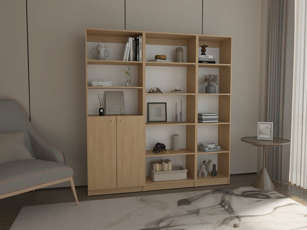 English Elm Bookcase Set 3 Piece Tall Open Shelf and Cabinet Combo in Warm Natural Oak Finish B097S00300
