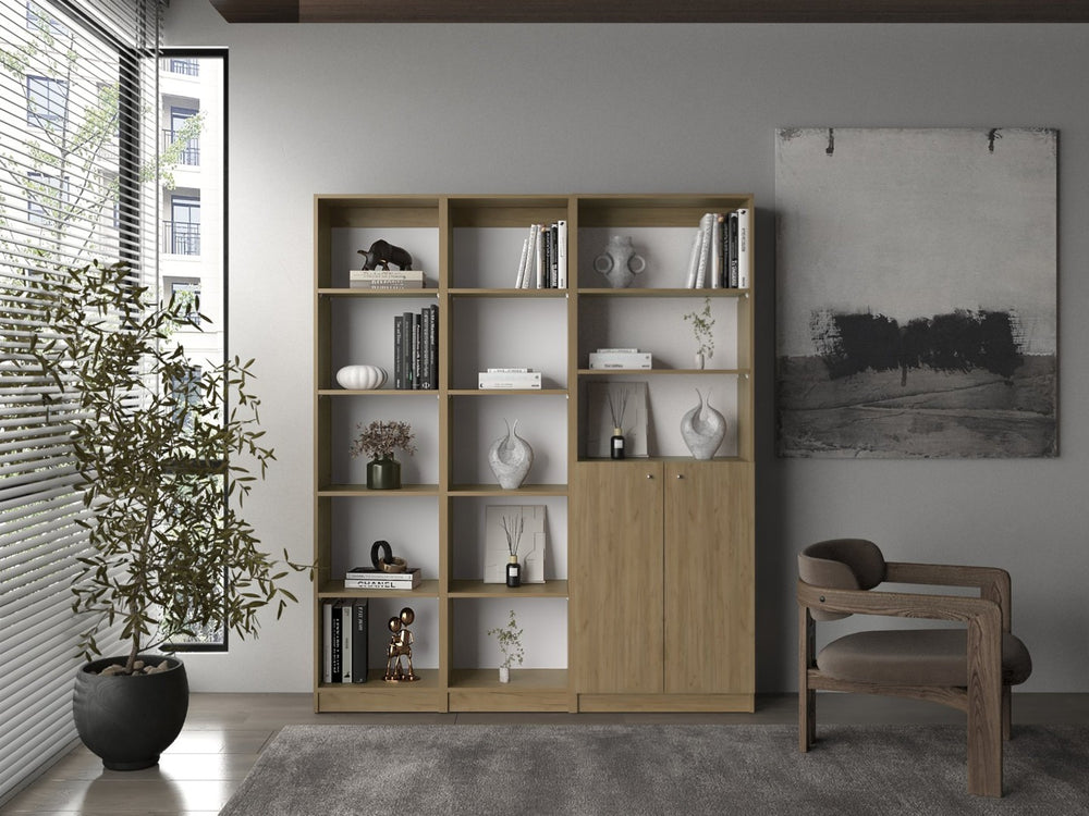 English Elm Bookcase Set 3 Piece Natural Oak Modular Wall Unit Open Shelving with Cabinet Storage B097S00301