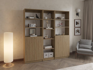 English Elm Bookcase Set Three Piece Natural Oak Tall Storage Wall Unit with Doors Open Shelves B097S00302