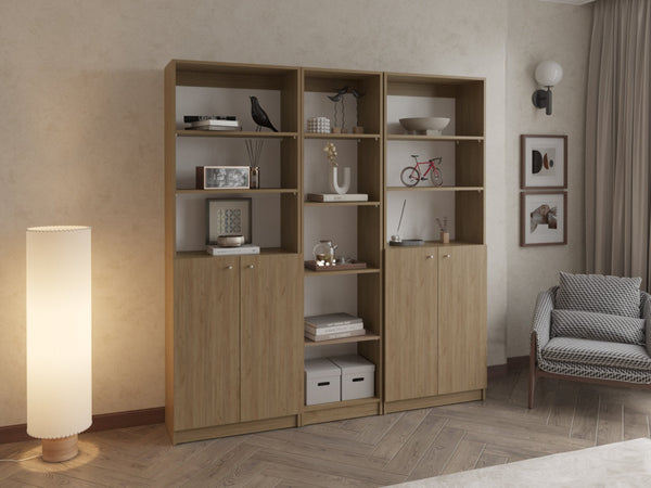 English Elm Bookcase Set Three Piece Natural Oak Tall Storage Wall Unit with Doors Open Shelves B097S00302
