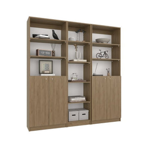 English Elm Bookcase Set Three Piece Natural Oak Tall Storage Wall Unit with Doors Open Shelves B097S00302