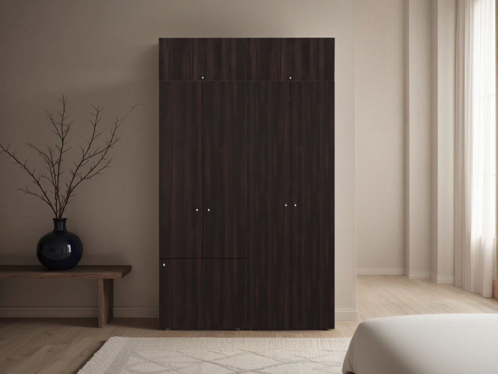 English Elm Closet Storage System 4-Piece Modular Wardrobe with Seven Doors in Dark Walnut Finish B097S00303