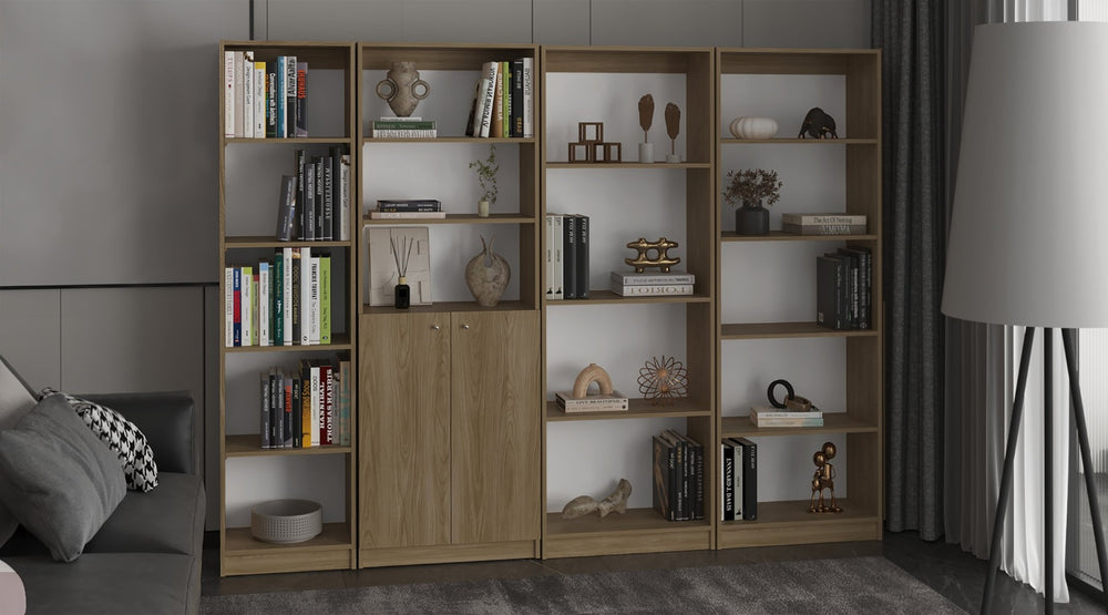English Elm Bookcase Set Four Piece Natural Oak Tall Modular Wall System with Open and Enclosed Shelving B097S00305