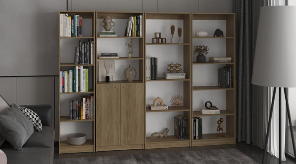 English Elm Bookcase Set Four Piece Natural Oak Tall Modular Wall System with Open and Enclosed Shelving B097S00305