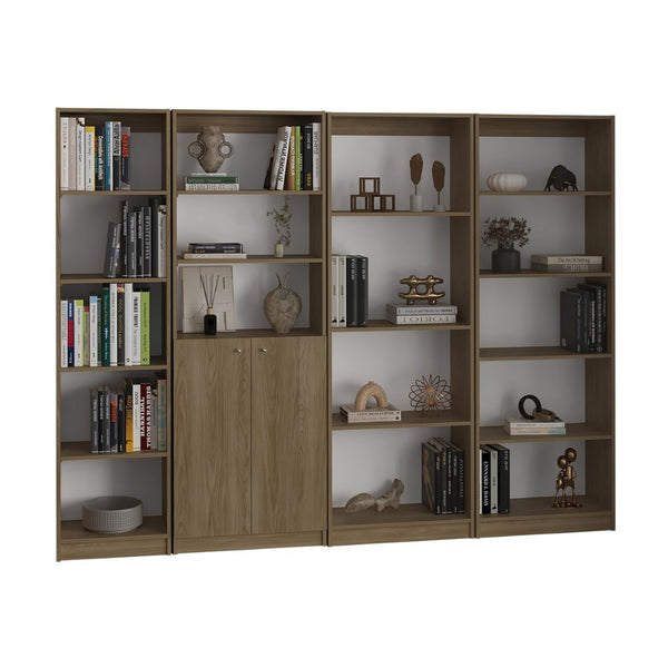 English Elm Bookcase Set Four Piece Natural Oak Tall Modular Wall System with Open and Enclosed Shelving B097S00305