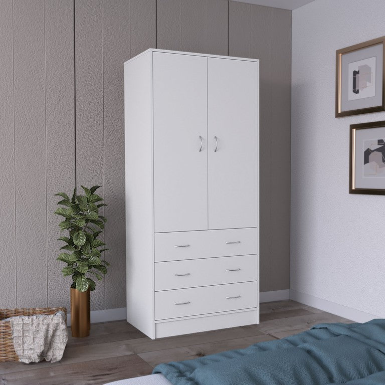 English Elm Armoire Tall White Wardrobe with Dual Doors Three Drawers and Hanging Rod Bedroom Storage B097S00310