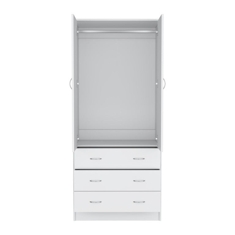 English Elm Armoire Tall White Wardrobe with Dual Doors Three Drawers and Hanging Rod Bedroom Storage B097S00310