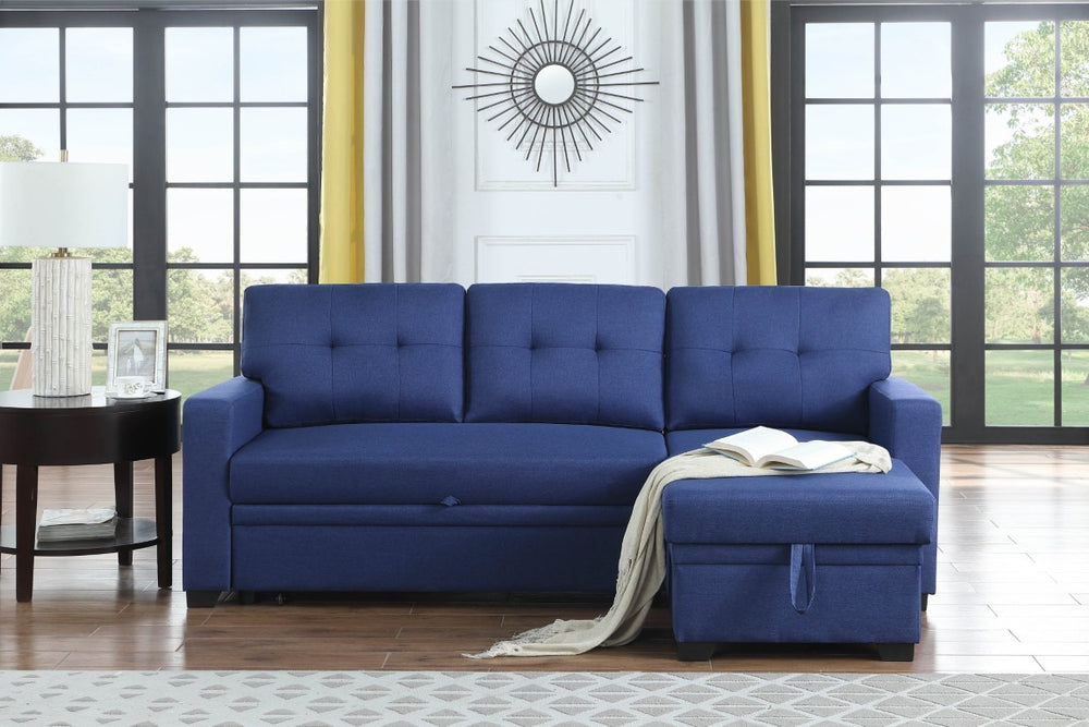 English Elm Convertible Upholstered Sectional with Twin Sleeper Chaise and Hidden Storage Blue B102S00103
