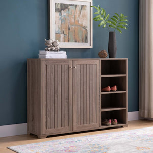 English Elm Shoe Storage Sideboard with Vented Slat Doors Four Shelves Entryway Console Cabinet B107P545311