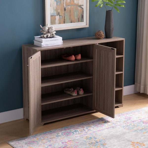 English Elm Shoe Storage Sideboard with Vented Slat Doors Four Shelves Entryway Console Cabinet B107P545311