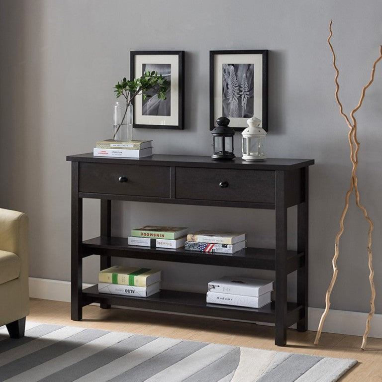 English Elm Sofa Console Table with Two Drawers Open Shelves Espresso Finish Slim Entryway Design B107P545312