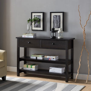 English Elm Sofa Console Table with Two Drawers Open Shelves Espresso Finish Slim Entryway Design B107P545312