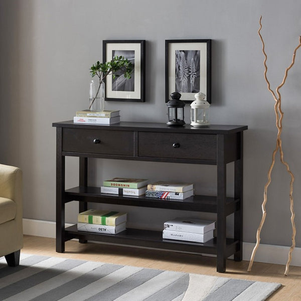 English Elm Sofa Console Table with Two Drawers Open Shelves Espresso Finish Slim Entryway Design B107P545312
