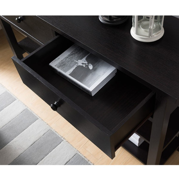 English Elm Sofa Console Table with Two Drawers Open Shelves Espresso Finish Slim Entryway Design B107P545312